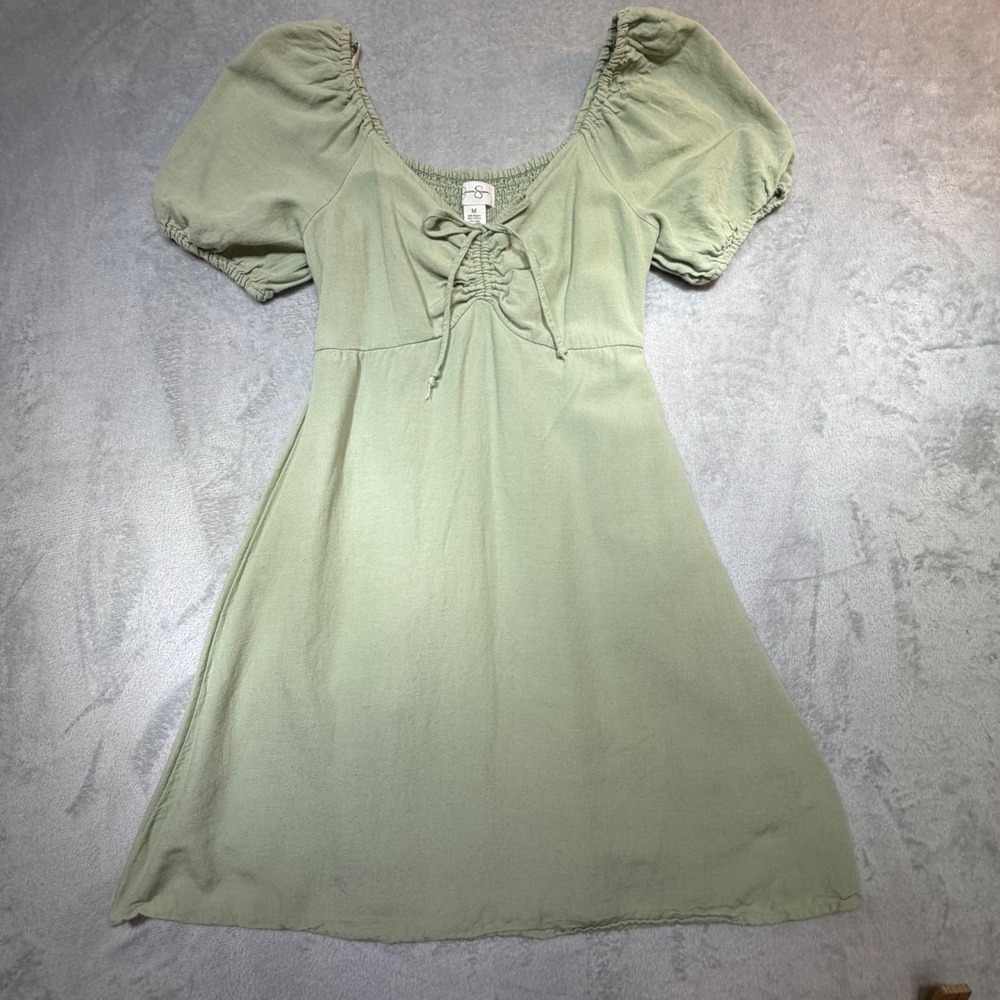 Jessica Simpson‎ Sage Green Puff Sleeve Linen Blend Mini Dress Size M Boho